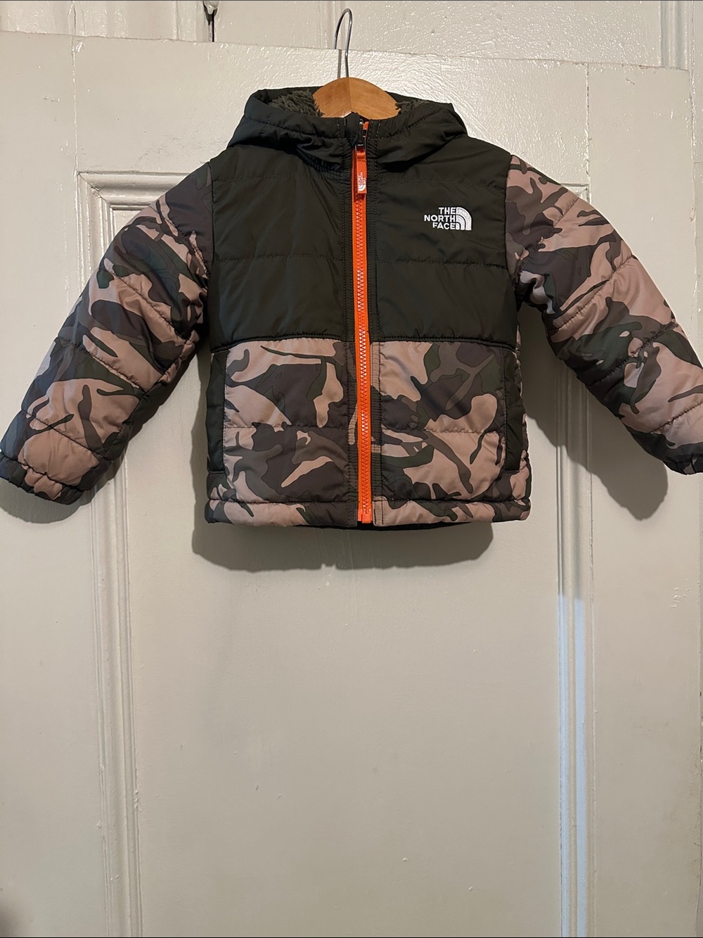 The North Face Olive & Orange Reversible Camo Kids Puffer Jacket with Orange Zip